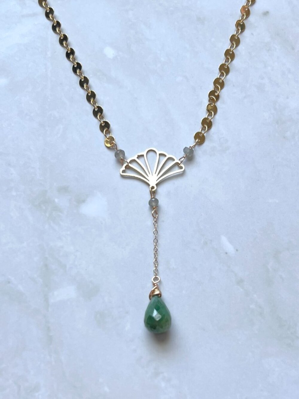 Genuine Emerald Necklace | Gold filled coin chain | Fan charm art deco necklace
